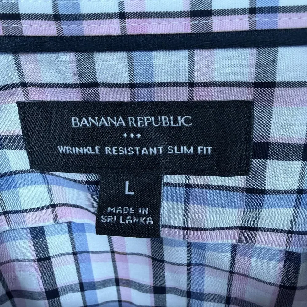 Banana Republic Dress Shirt Mens L Slim Fit Wrinkle Resistant Pink Blue Plaid
